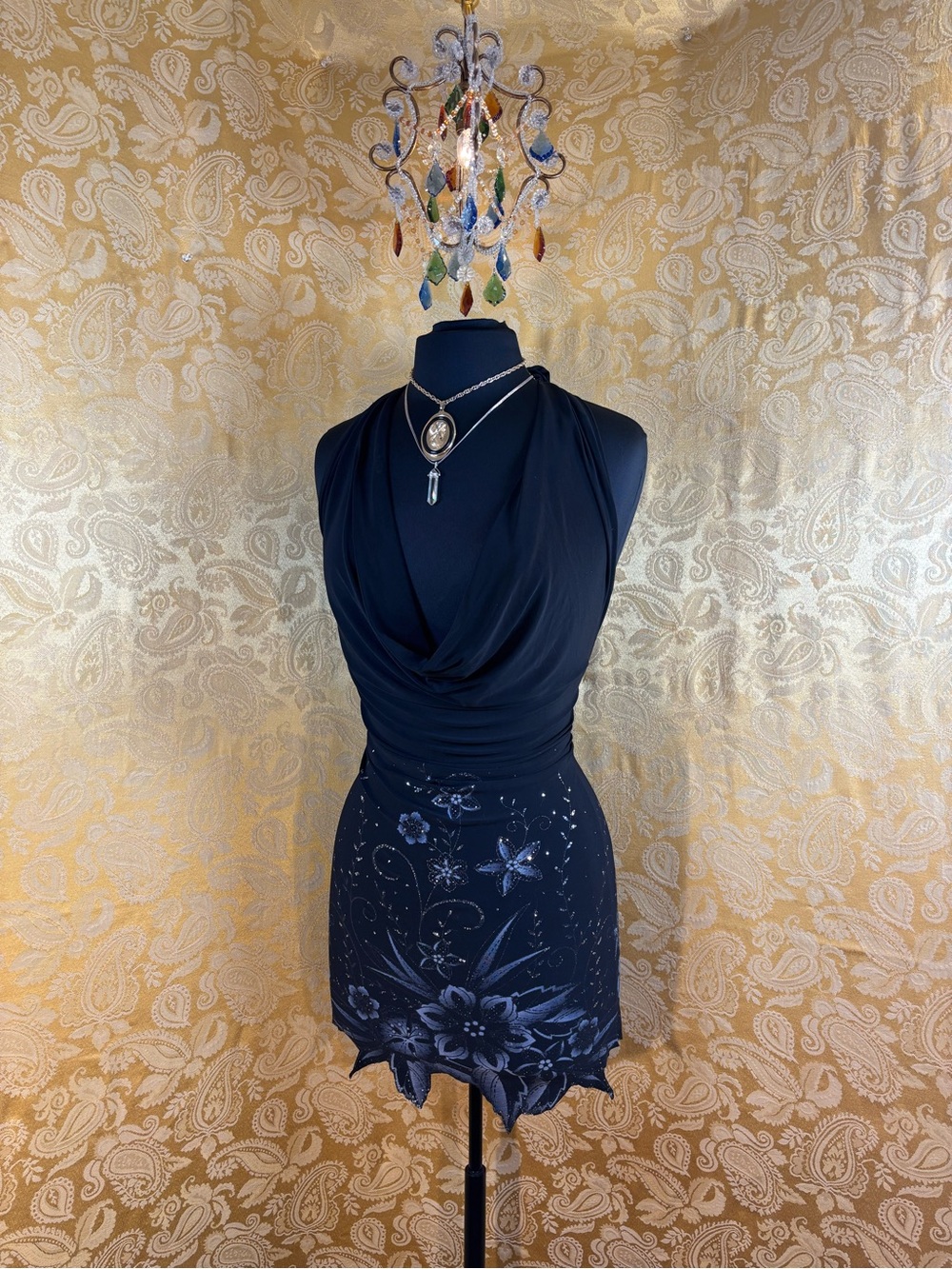 ✨Vintage Y2K Boho Silver Glitter Floral Embellishment Cowl Neck Mini Dress✨